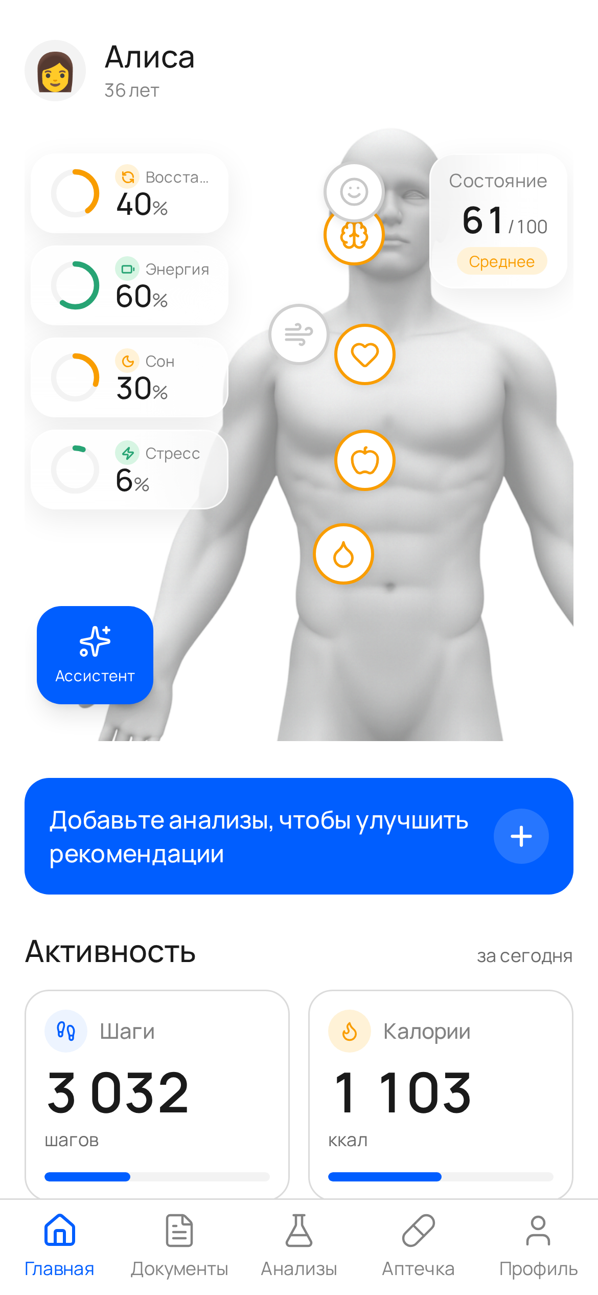 Главный экран HealthMate: карта систем организма и Health Score